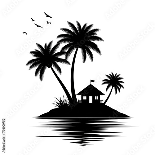 Black silhouette tropical island paradise vector art with palm trees, a beach hut, flying birds, and water reflection