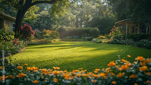 Lush garden bathed in morning sun