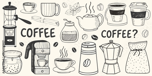 Hand drawn doodle illustration of various coffee making equipment and accessories with text coffee and coffee