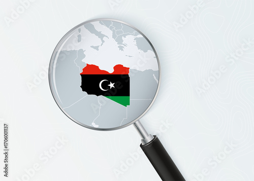 Libya Map Under Magnifying Glass with National Flag Overlay.