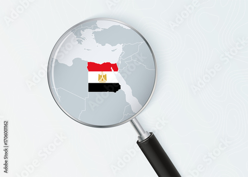 Egypt Map Under Magnifying Glass with National Flag Overlay.