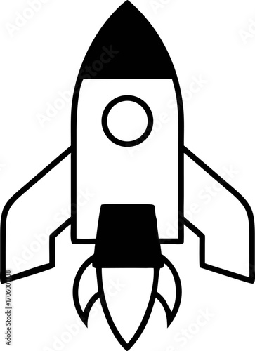 A minimalist black and white illustration of a rocket ship blasting off, symbolizing space exploration, innovation, and ambitious journeys, perfect for futuristic concepts
