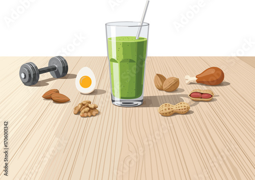 Fitness Smoothie Flat Lay with Protein Icons Vector