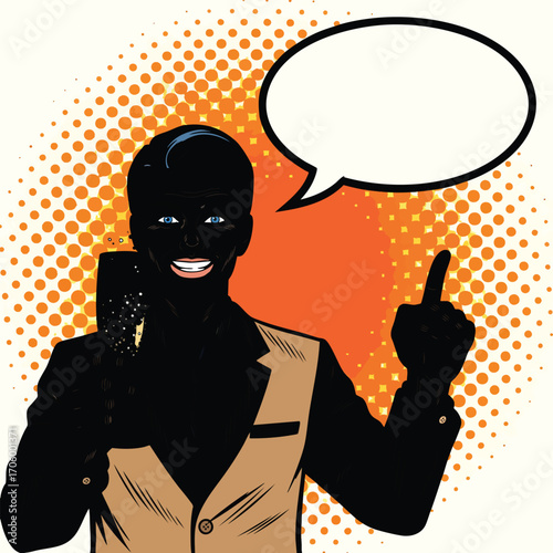 Pop art illustration of a smiling silhouette man in a vest holding a vintage microphone and pointing upwards.
