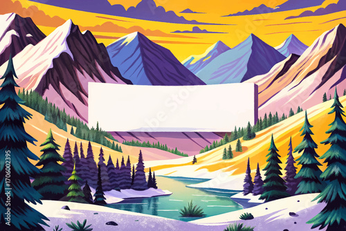 white banner in snowy mountain valley, natural wilderness background, dramatic horizon, empty advertising mockup, scenic outdoor landscape, rustic creative surface, minimal solitude design, unique