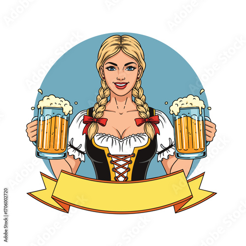 Smiling blonde woman in a traditional German dirndl holding two large mugs of frothy beer.