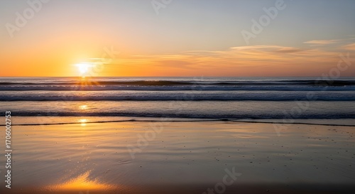 Sunset Over Ocean Beach with Golden Light