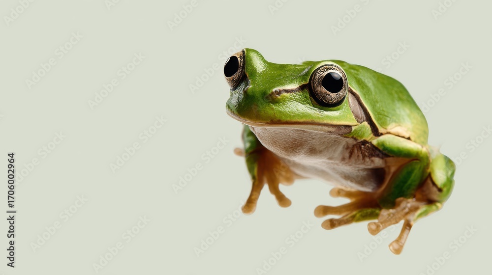 Fototapeta premium Close-up Portrait of a Vibrant Green Frog on a Soft Background