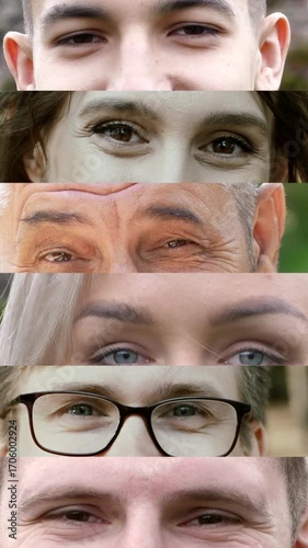 eyes of beautiful people of different ages. Collage close-up. Montage of happy people looking at the camera. Vertical video