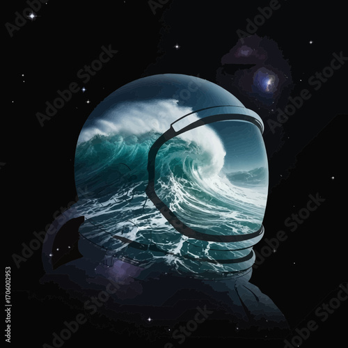 Astronaut helmet reflecting a powerful ocean wave silhouette isolated on white background