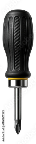Heavy-duty Phillips screwdriver with a rubber grip for construction site tasks.