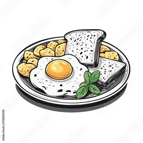 A delightful illustration of a classic breakfast plate featuring a fried egg, toast, and potato cubes, garnished with fresh basil