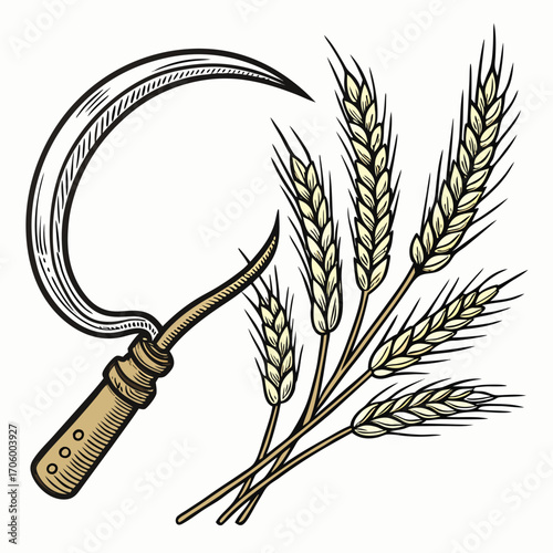 Vintage Harvest Still Life Sickle and Wheat Stalks Agriculture Farming Equipment Rustic Farm Imagery Retro Artistic Design