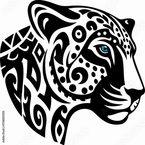 Wallpaper Mural Majestic Tribal Jaguar Head Illustration with Intricate Stylized Patterns and Striking Blue Eye Torontodigital.ca