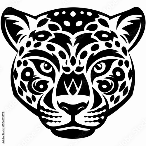 Powerful Stylized Jaguar Head Art with Intricate Tribal Patterns and Majestic Feline Features