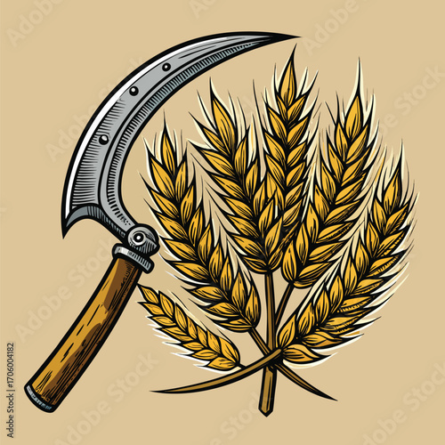 Vintage Symbolism A Sickle and Wheat Stalks Representing Agriculture and Labor