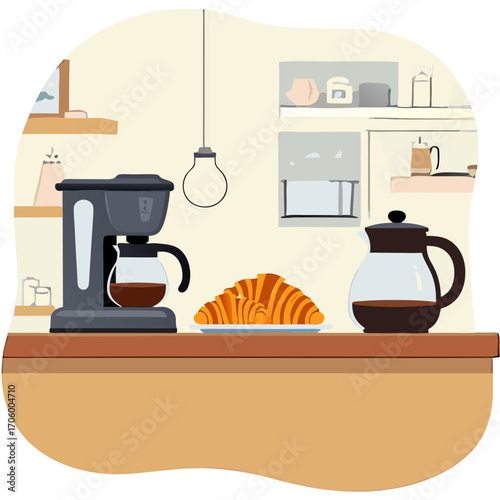 Illustration of coffee maker with croissants and coffee pot on counter in kitchen for breakfast time morning scene