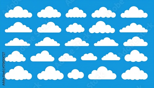 A diverse collection of flat style white cloud icons. Vector graphic elements set isolated on a blue sky background for weather or design concepts