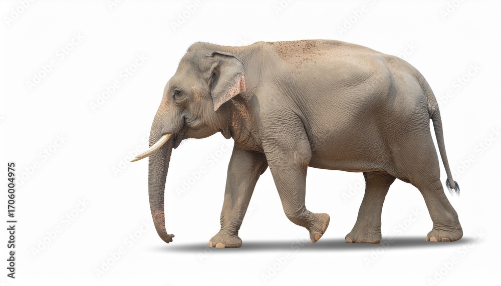 Naklejka premium A magnificent adult Asian elephant with impressive tusks strides gracefully across a pristine white background, showcasing its powerful presence and majestic form