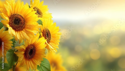 Radiant sunflowers bloom, showcasing vibrant yellow petals and dark centers, set against a blurred, luminous backdrop
