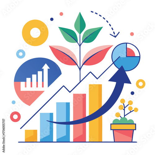 Abstract graphic representing financial growth with upward trending lines and geometric shapes in vibrant colors