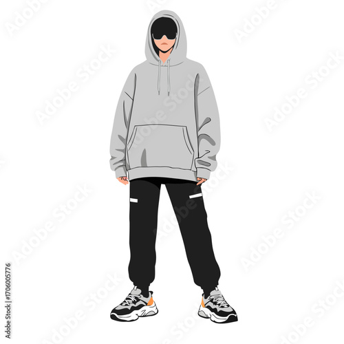 Casual person wearing gray hoodie and black trousers