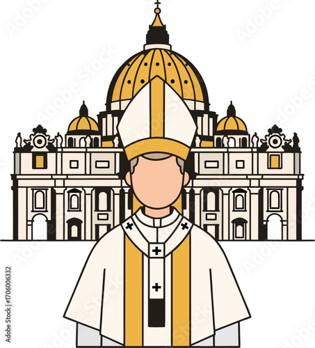 Roman Catholic Pope with Mitre in Front of St. Peter’s Basilica Vector Illustration – Vatican City Historic