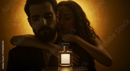A couple embraces behind a bottle of perfume with a gold background