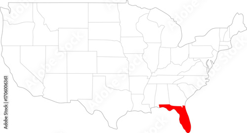 An outline of the USA map with Florida state highlighted in red color on white background