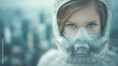 Young girl wearing protective mask due to environmental pollution