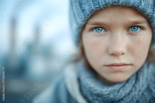 Pensive child's portrait in the winter cold, Living in a polluted atmosphere from industrial factories