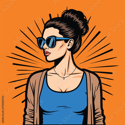 Stylish woman with sunglasses and a hair bun in a pop art comic book style.
