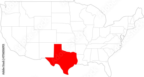 Outlined map of the United States with Texas highlighted in striking red color scheme