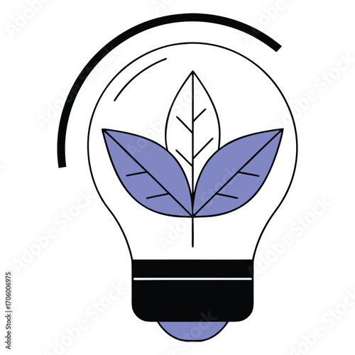 Vector art of green energy concept, light bulb with leaves inside, symbolizing ecofriendly innovation and sustainability