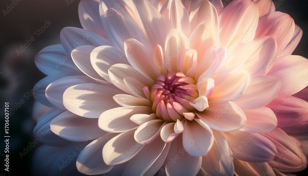 Obraz premium A Delicate Bloom Closeup Of A White And Pink Chrysanthemum With Warm Light Center