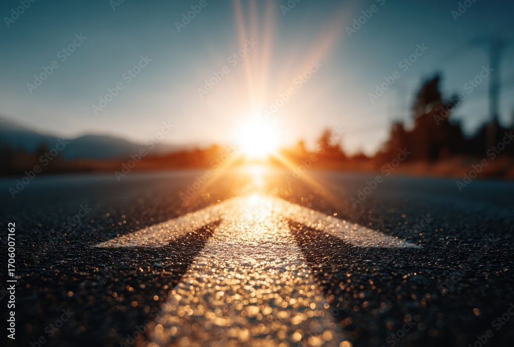 Naklejka premium Asphalt road leads into the distance with a bright sunburst above, guiding the eye with a white arrow pointing upward and forward