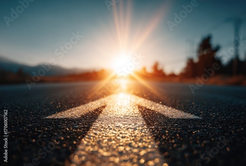 Asphalt road leads into the distance with a bright sunburst above, guiding the eye with a white arrow pointing upward and forward