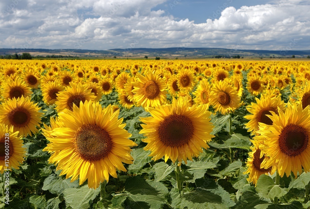Obraz premium Vibrant sunflowers stretch across a field under a cloudy sky. Golden petals are visible, offset by verdant leaves. Distant hills mark the horizon