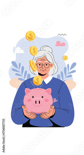 An elderly woman happily saves coins in a piggy bank for future financial security.
