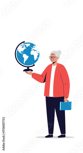 An elderly person holds a globe while carrying a briefcase symbolizing world travel and business opportunities.