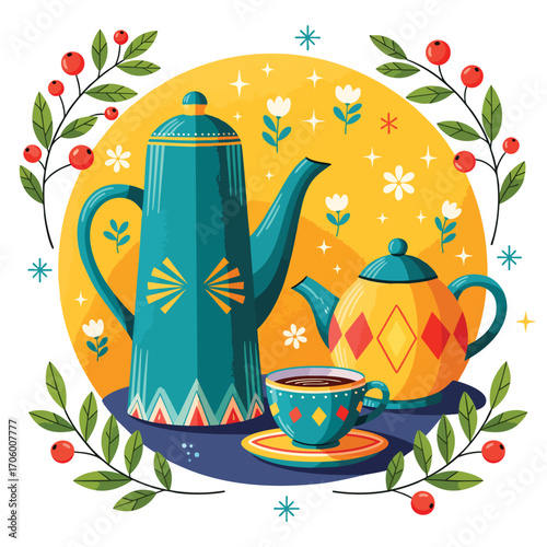 Vibrant folk art illustration of a decorative tea set with a tall coffeepot teapot and cup.