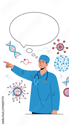 A medical professional pointing to DNA and virus imagery illustrating genetic research and virology concepts.
