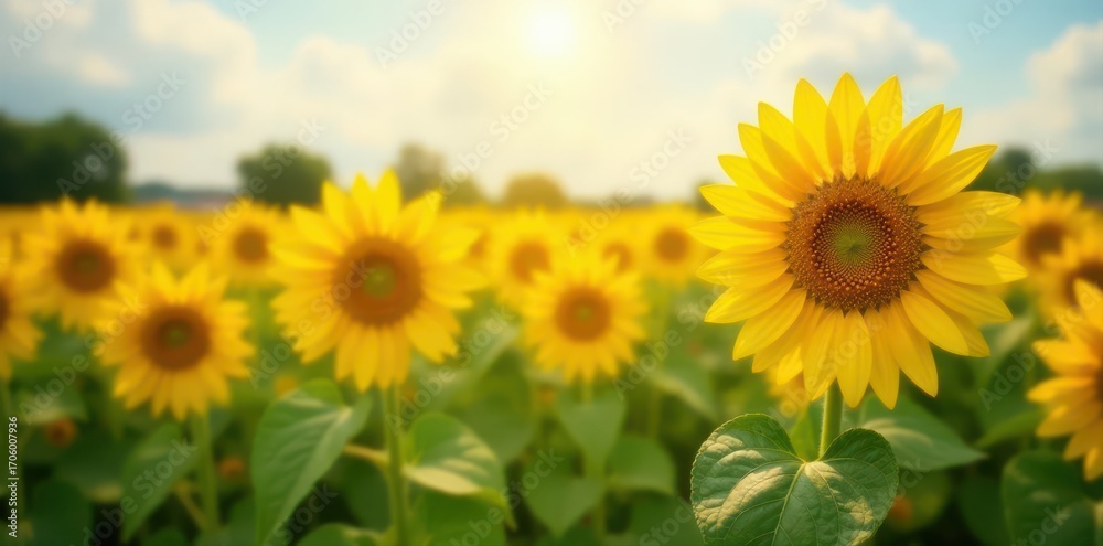 Fototapeta premium Vibrant sunflowers in a summer field, bright yellow petals , flora, nature, bright