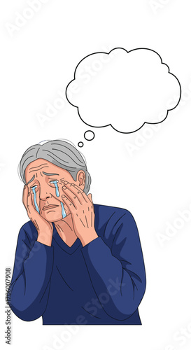An elderly person is crying and holding their face with a thought bubble above their head.