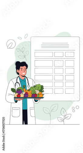 A doctor holds a basket of colorful fresh fruits and vegetables.