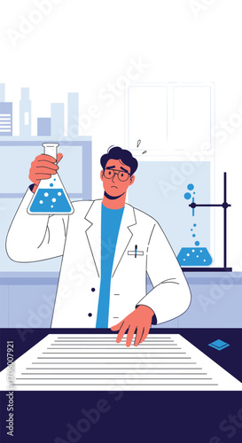 A scientist observes a bubbling flask during a complex experiment in a modern laboratory setting.