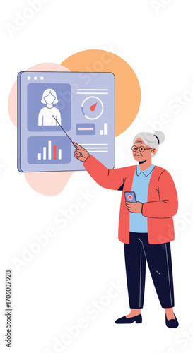Elderly woman teaching online courses presenting digital learning materials and data analytics.