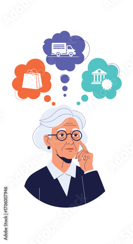 An older woman ponders her choices regarding shopping delivery and finances.