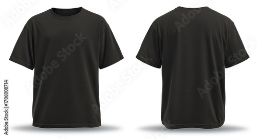 Two black, short-sleeved, crew-neck T-shirts, one facing front, one facing back, are displayed on a white background with drop shadows