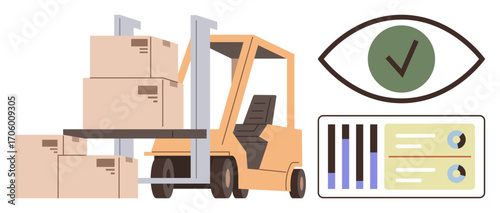Forklift moving stacked boxes, eye symbol with checkmark denoting monitoring, and analytics dashboard for data tracking. Ideal for logistics, warehousing, supply chain, productivity, optimization